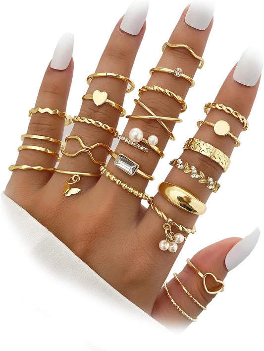 IFKM 51 Pcs Gold Knuckle Rings Set For Women Girls Vintage Stackable Joint Finger Midi Rings Dainty Cubic Zirconia Crystal Simple Twist Hollow Cute Rings Pack Jewelry Gift