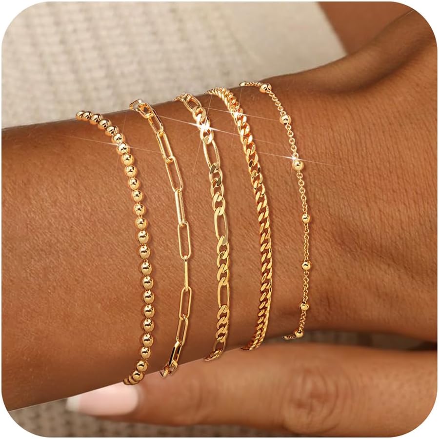 adoyi Gold Bracelets for Women, 14K Gold Plated Stackable Bracelet Stack Set Adjustable Charm Paperclip Chain Cuban Link Layered Waterproof Jewelry Sets Gifts for Womens 6.0/6.8/7.2"