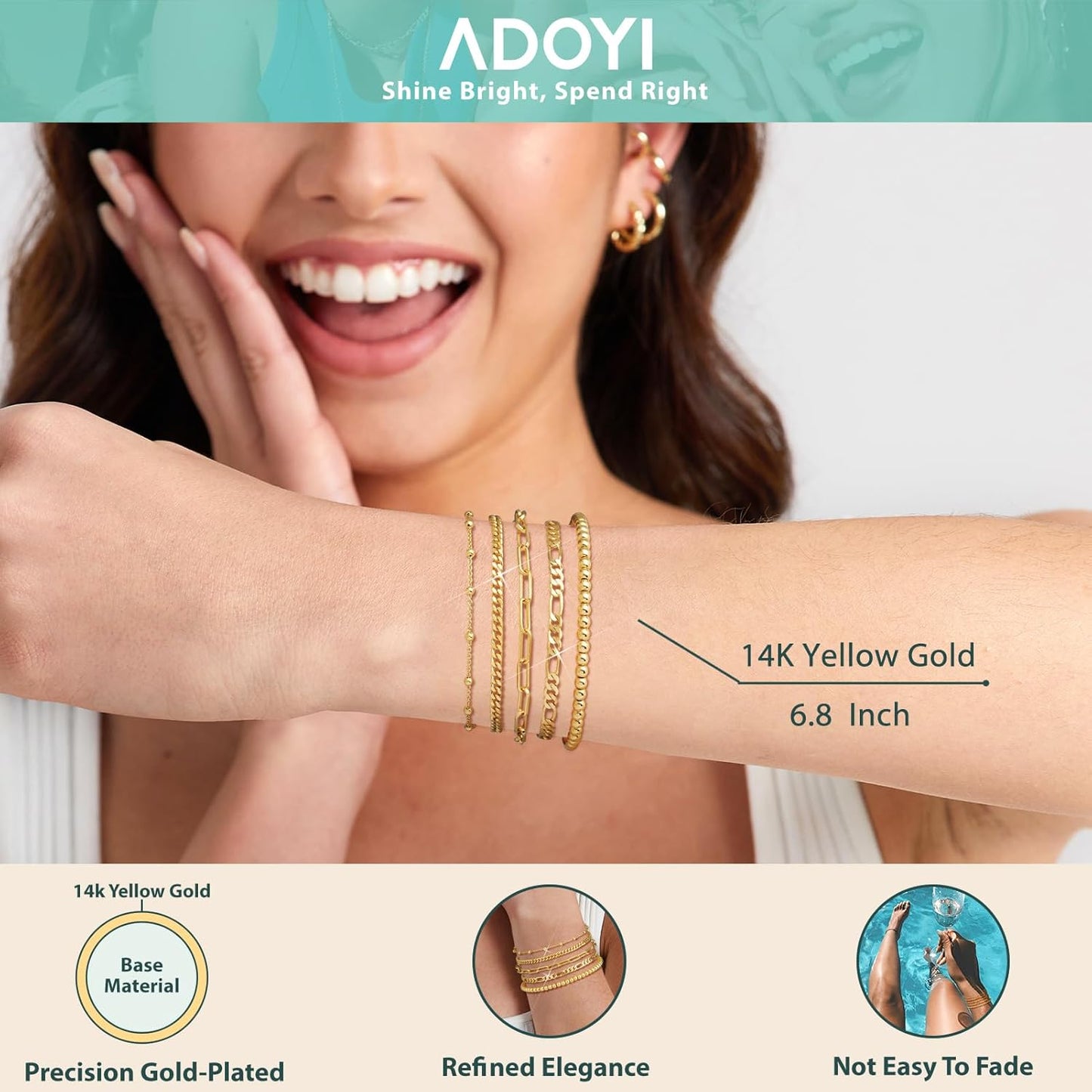 adoyi Gold Bracelets for Women, 14K Gold Plated Stackable Bracelet Stack Set Adjustable Charm Paperclip Chain Cuban Link Layered Waterproof Jewelry Sets Gifts for Womens 6.0/6.8/7.2"