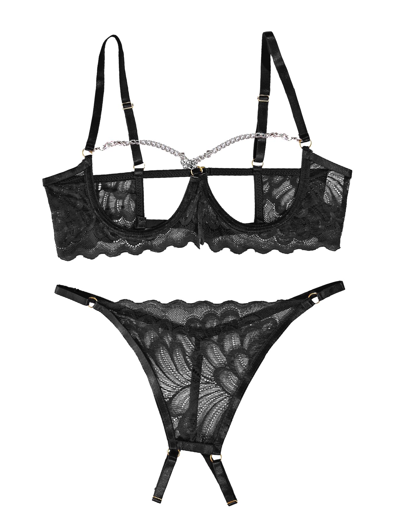 Lilosy Petite Women's Sexy Underwire Floral Lace Sheer Lingerie Set See Through Bra and Panty 2 Piece Chain Black X-Small