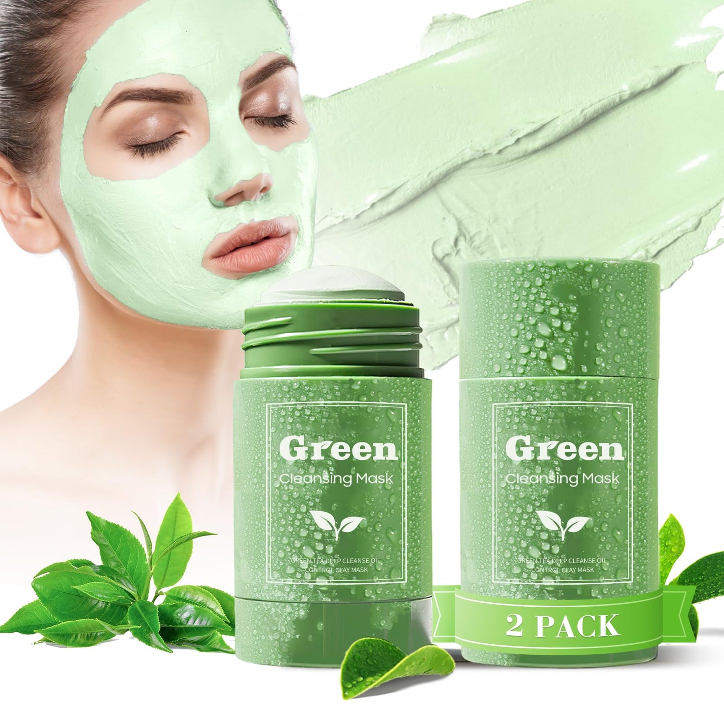 PAINISTIC 2 mascarillas faciales de arcilla purificadora de té verde, removedor de puntos negros con extracto de té verde, hidratación facial, limpieza profunda de poros para todo tipo de piel de hombres y mujeres