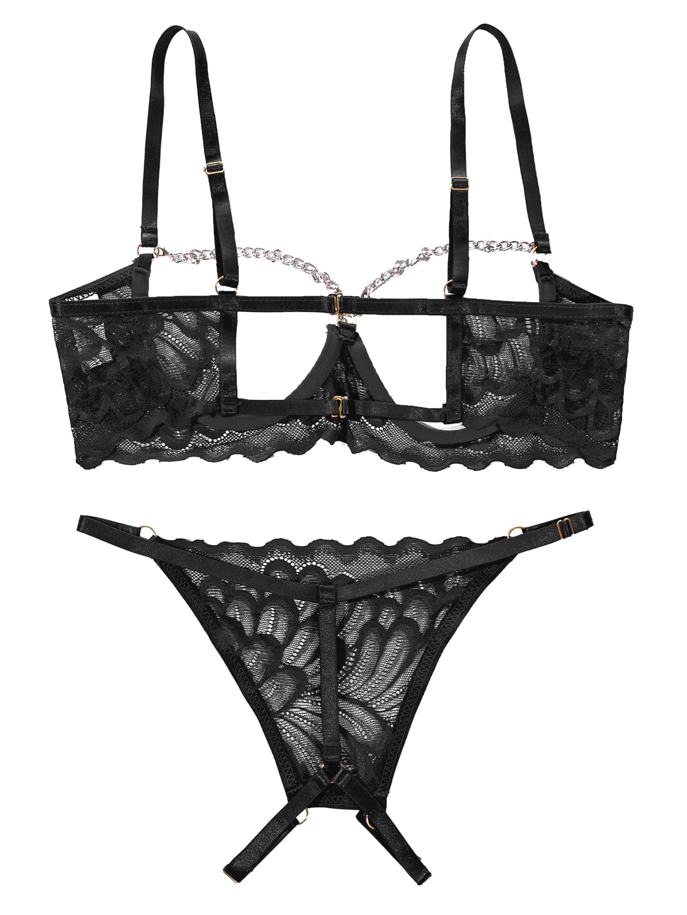 Lilosy Petite Women's Sexy Underwire Floral Lace Sheer Lingerie Set See Through Bra and Panty 2 Piece Chain Black X-Small