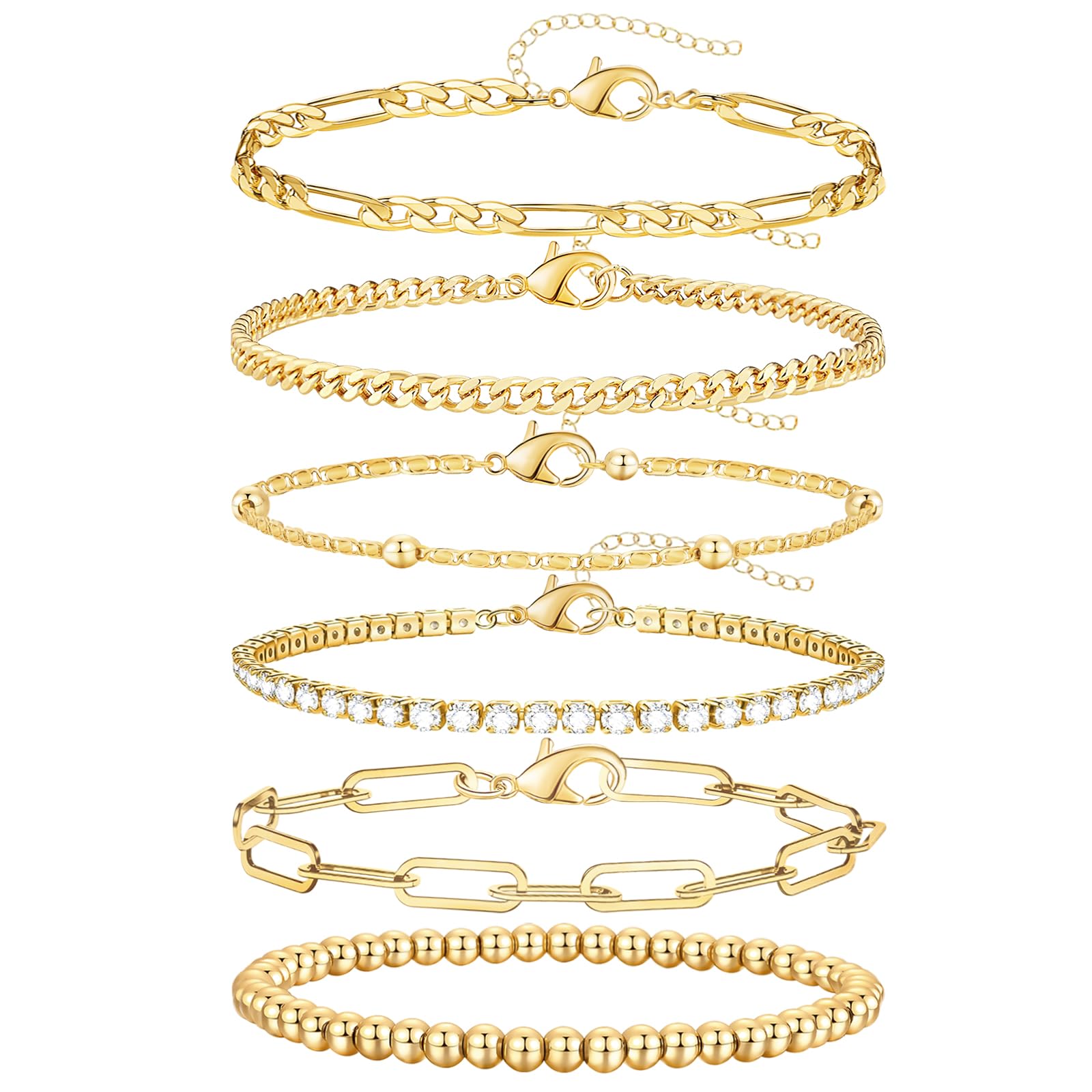 adoyi Gold Bracelets for Women, 14K Gold Plated Stackable Bracelet Stack Set Adjustable Charm Paperclip Chain Cuban Link Layered Waterproof Jewelry Sets Gifts for Womens 6.0/6.8/7.2"