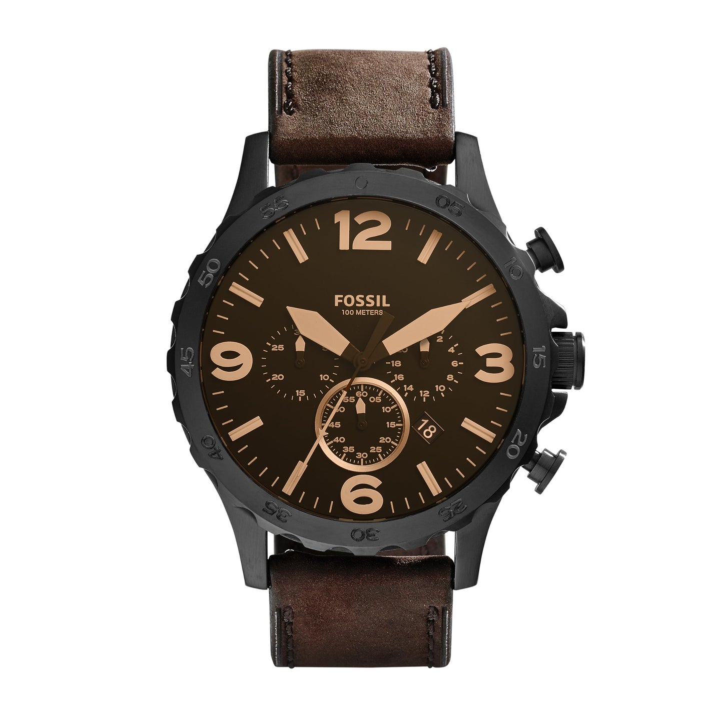 Fossil Men's Nate Quartz Stainless Steel and Leather Chronograph Watch, Color: Black, Dark Brown (Model: JR1487)